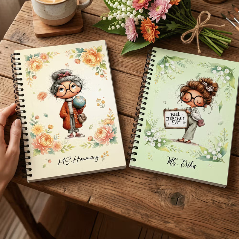 Personalized Birth Flower Cartoon Teacher Character Spiral Notebook wi
