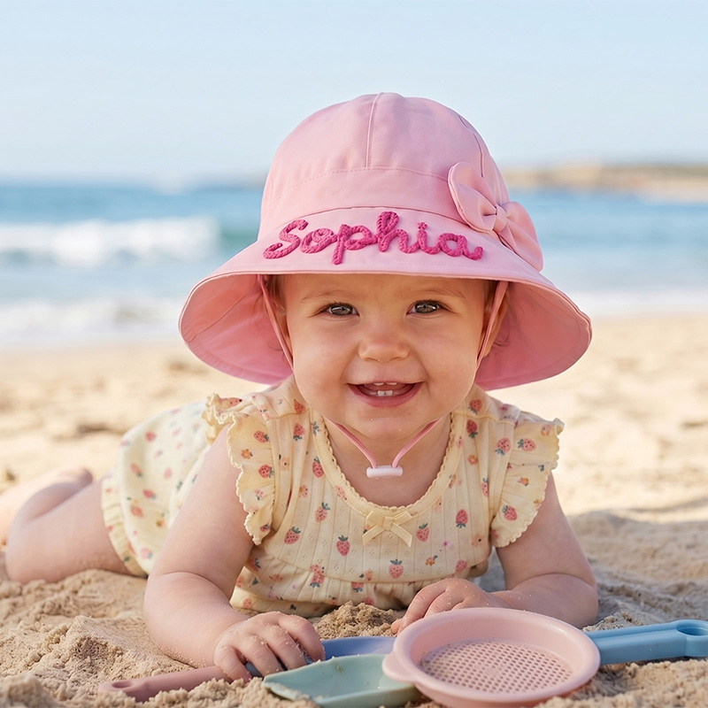 Personalized Embroidered Name Pastel Bucket Style Beach Pool Protection Adjustable Wide Brim Kids Sun Hat With Bow