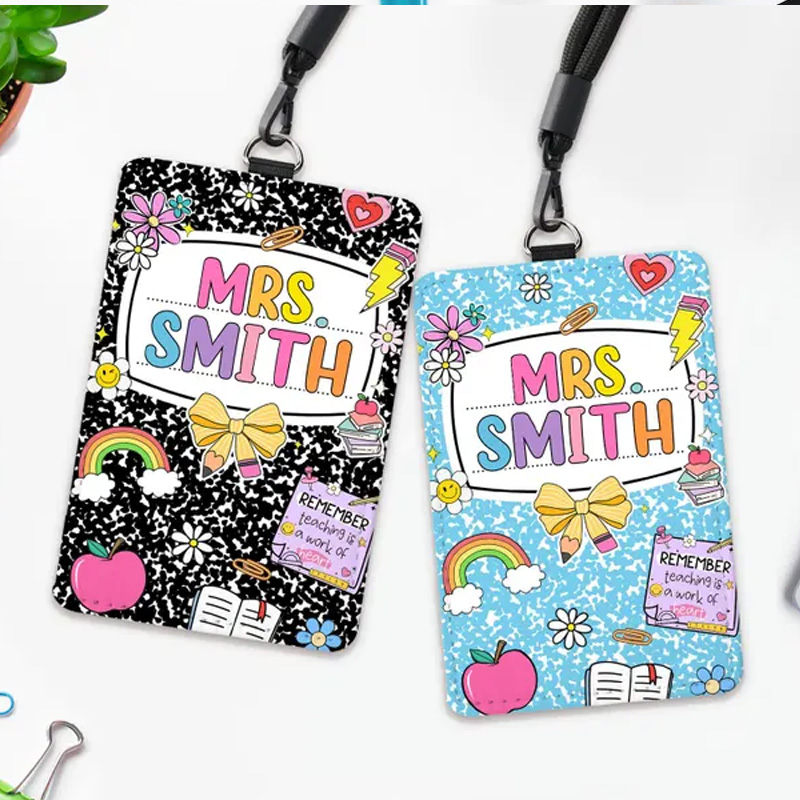 Personalized Retro Composition Notebook Style Classroom Name Tag Cute Rainbow And School Icons For Educators Teacher Badge Holder
