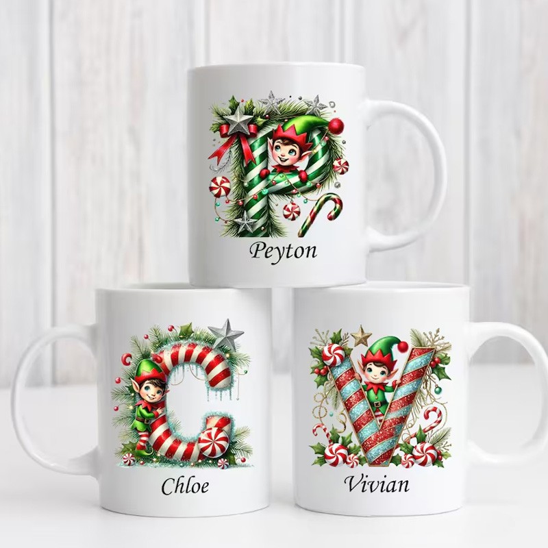 Personalized Festive Initial Mug with Holiday Decorations and Custom Name for Cheerful and Unique Gift Mug