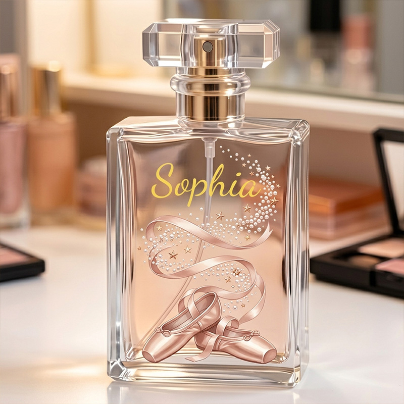 Personalized Elegant Rose Gold Ballet Slippers Sparkle Confetti Name Script Keepsake Dancer Gift Decor Perfume Bottle