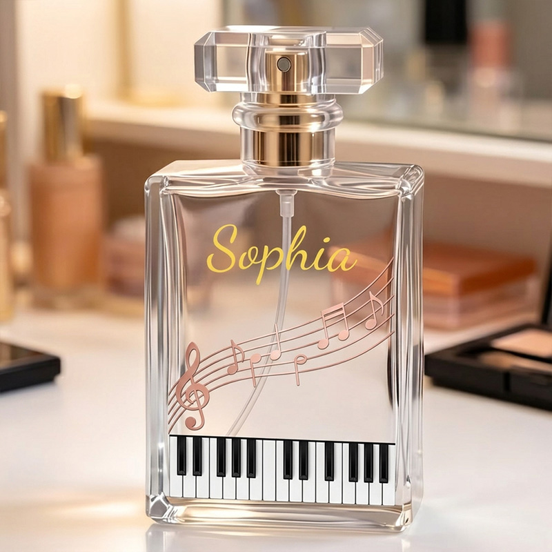 Personalized Classical Music Notes Piano Keys Rose Gold Elegant Script Name Orchestra Lover Gift Perfume Bottle