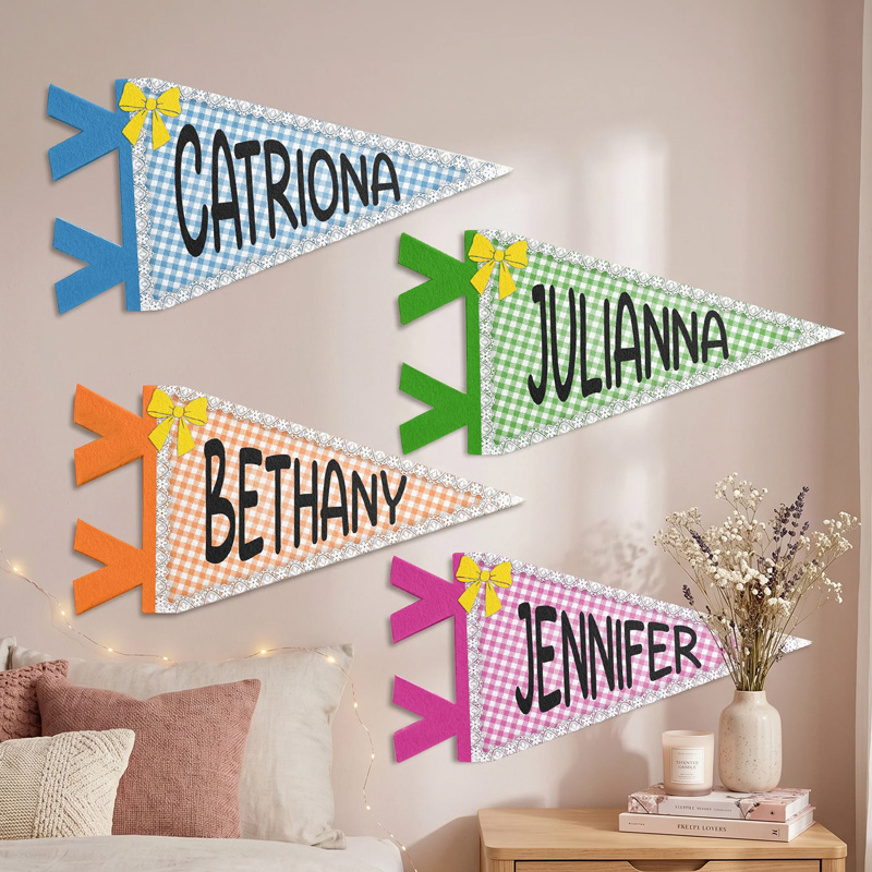 Personalized Pastel Gingham Pattern Name Bow Accent Cheerful Kids Room Wall Decor Party Banner Pennant