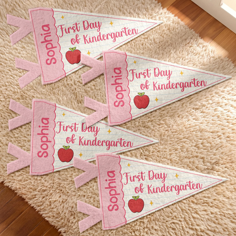 Personalized First Day Of School Apple Motif Pink Polka Dot Classroom Photo Prop Kids Name Milestone Keepsake Pennant
