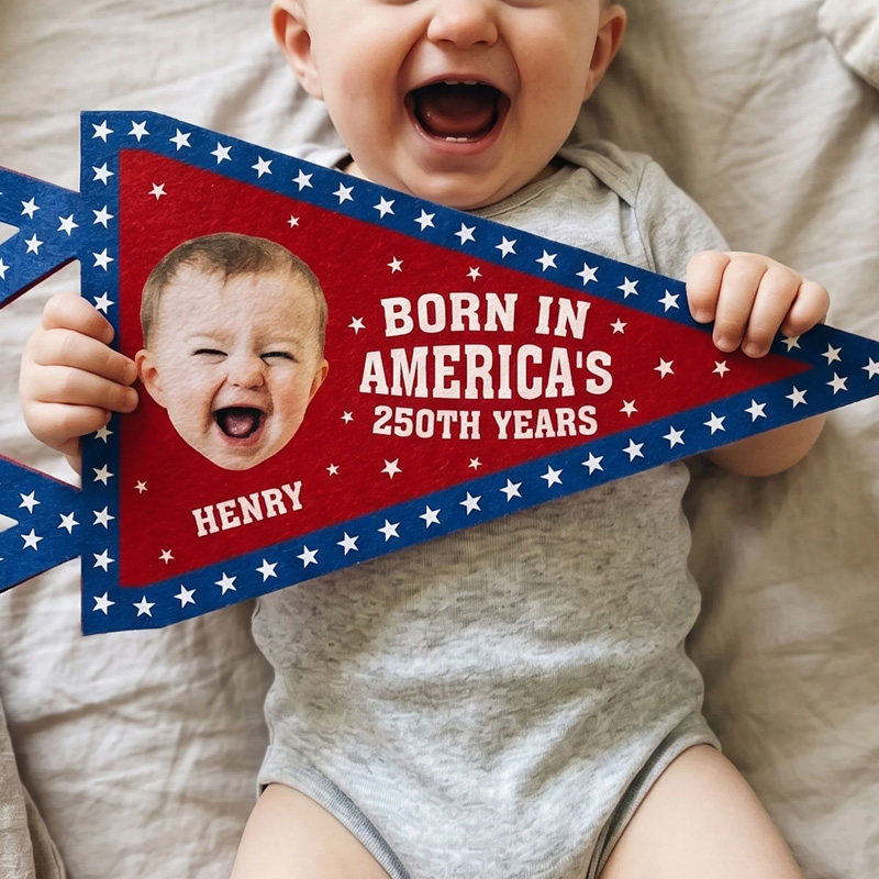 Personalized Patriotic Baby Photo Born In America Fourth Of July Red White And Blue Stars Keepsake Pennant