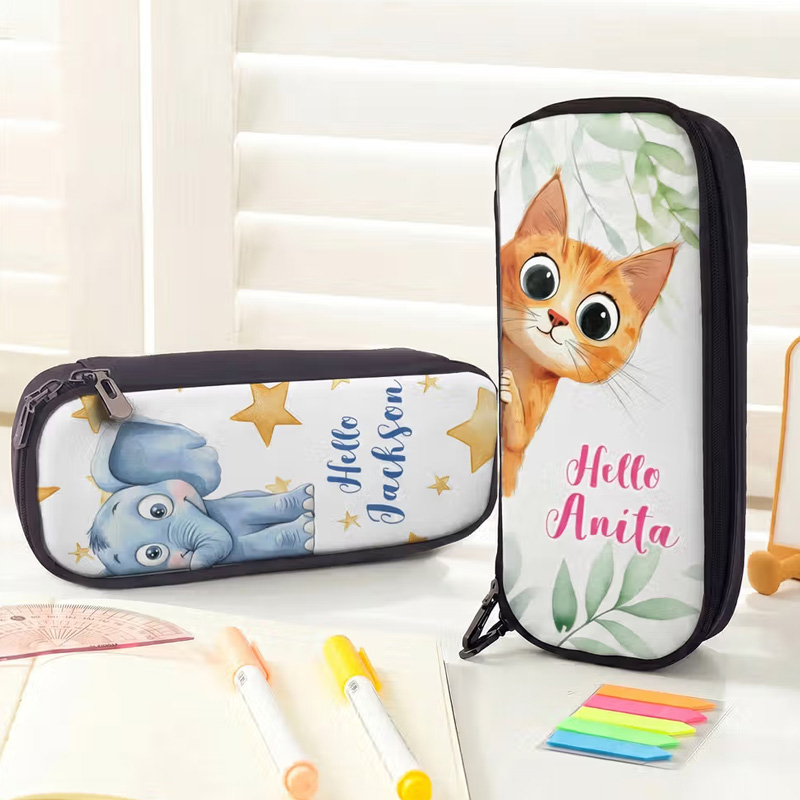 Personalized Cute Animal Says Hello Durable Pencil Case with Name Back to School Birthday Gift for Boys Girls Students