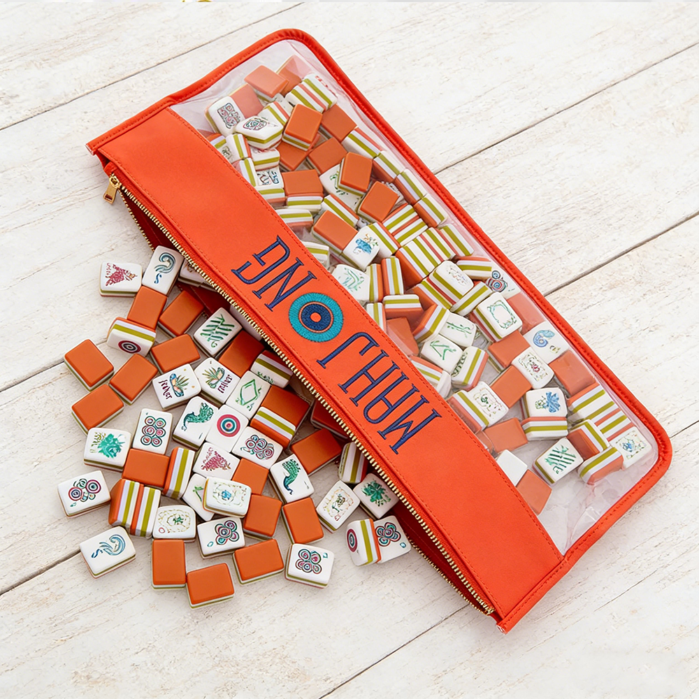 Personalized Name Mahjong Tile Storage Bag Orange Zippered Pouch With Clear Window Personalized Mahjong Case Ideal For Travel And Tile Organization