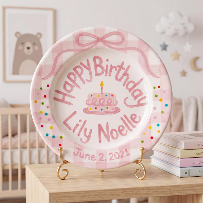Personalized Pink Birthday Cake Bow Confetti Cute Kids Keepsake Nursery Table Display Ceramic Plate Design