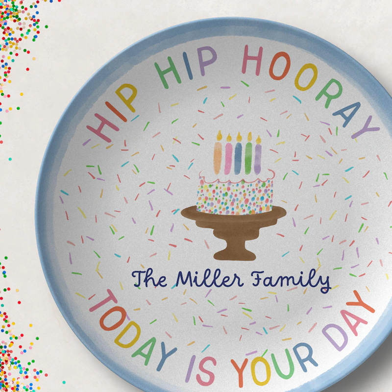 Personalized Hip Hip Hooray Today Is Your Day Rainbow Sprinkles Family Celebration Birthday Keepsake Ceramic Plate Design