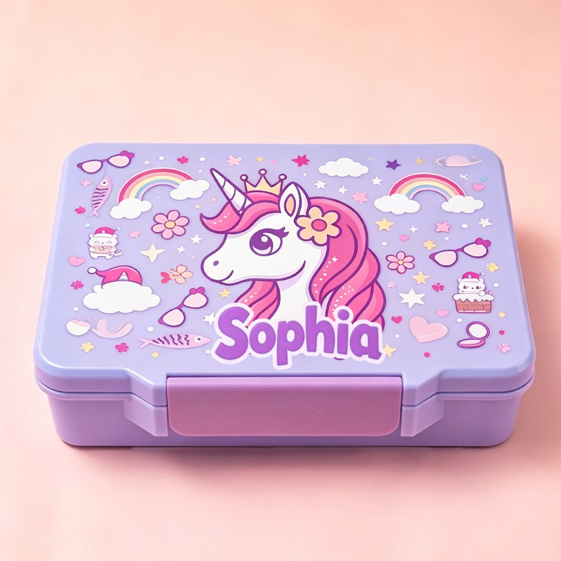 Personalized Rainbow Horse Name Kids Lunch Box Using a Spoon Fork and Sauce Container Magical Rainbow Themed Cute Girls School Snack Container Design