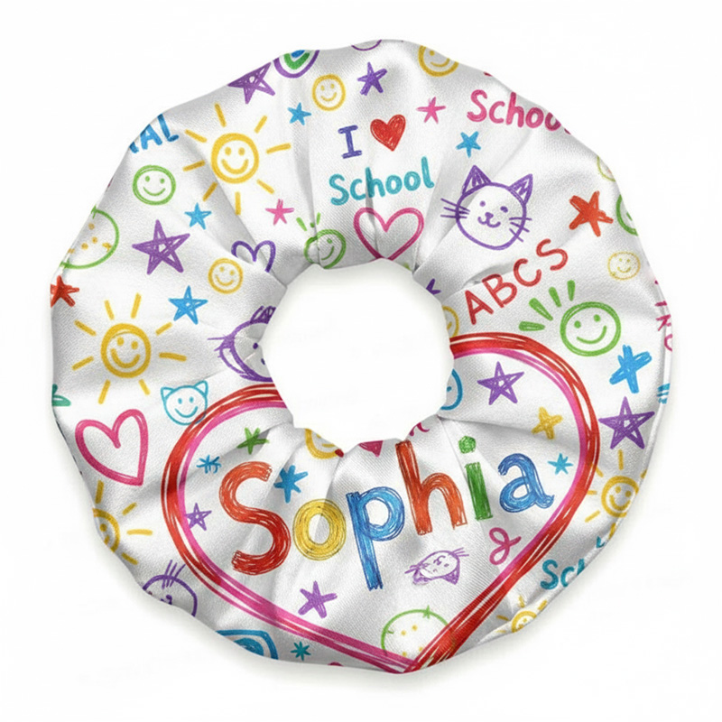 Personalized Back To School Name Print Colorful Doodle Hearts Stars Smiley Faces Cute Classroom Style Girl Hair Scrunchie