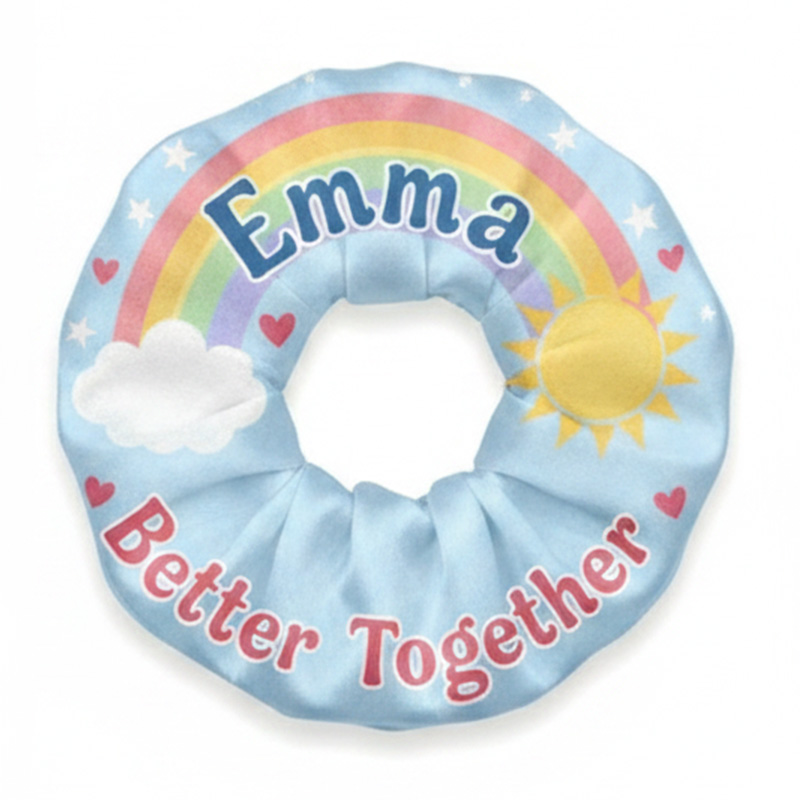 Personalized Rainbow And Sunshine Name Print Positive Quote Better Together Cute Pastel Clouds Hearts Hair Scrunchie
