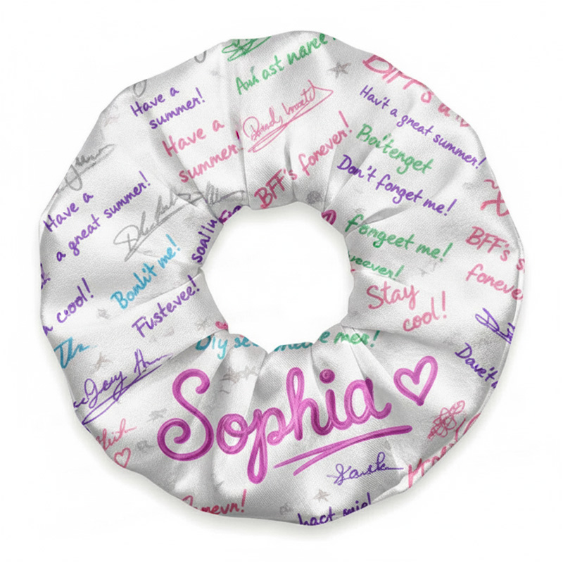 Personalized Name Autograph Pattern Best Friends Forever Messages Colorful Doodles Fun School Memories Girl Hair Scrunchie