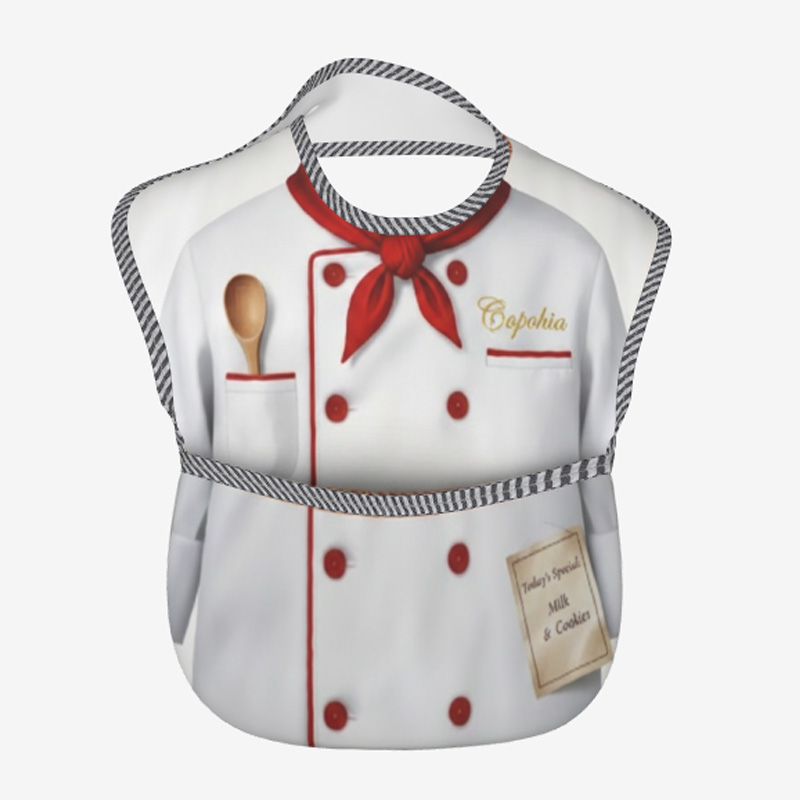 Personalized Little Chef Bib Name White Apron Printed Buttons Red Bow Wooden Spoon Cute Baby Boy Cooking Mealtime
