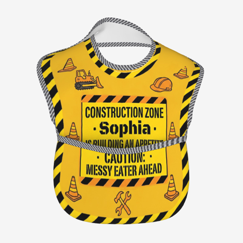 Personalized Construction Zone Bib Name Caution Messy Eater Ahead Yellow Black Stripes Trucks Cones Baby Mealtime