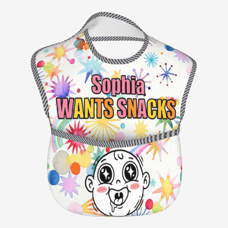 Personalized Wants Snacks Bib Name Cute Cartoon Baby Face Colorful Starburst Hungry Snack Lover Fun Mealtime