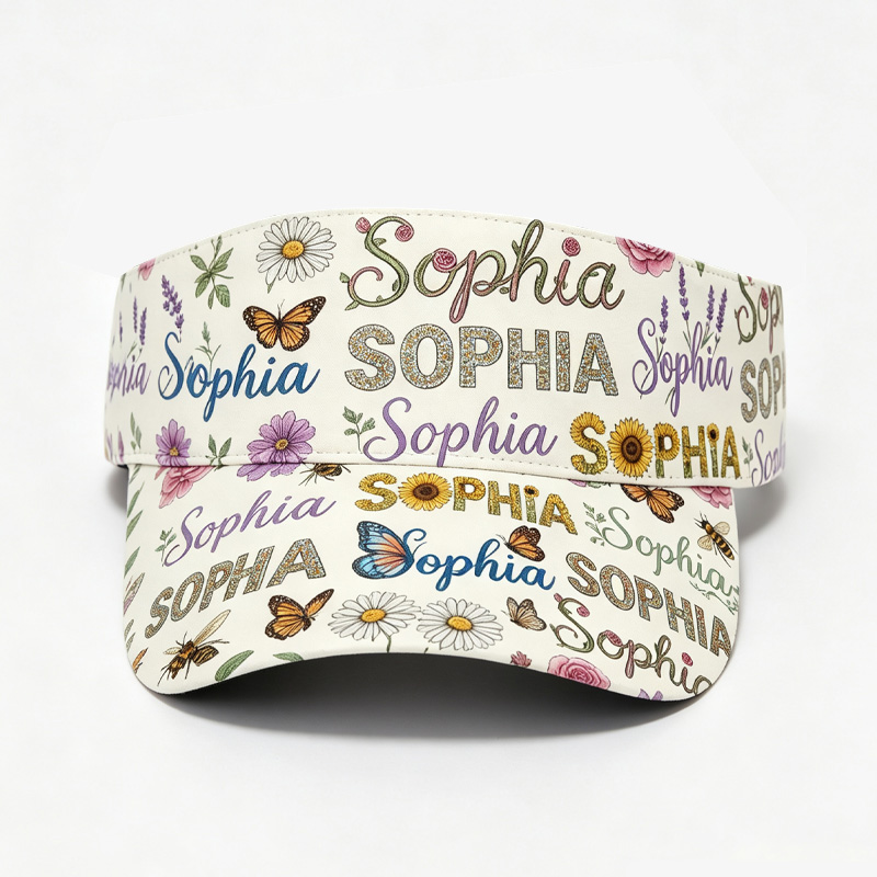 Personalized Flower Script Visor Hat Custom Name Teen Girls Sun Cap Beach Inspired Handwritten Letter Pattern Summer Outdoor Accessory