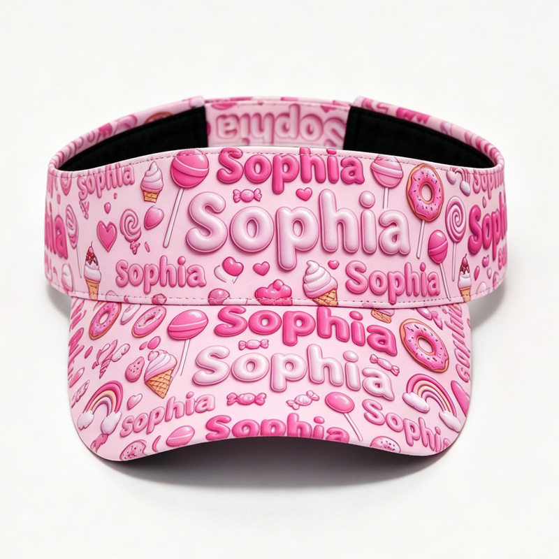 Personalized Pink Candy Visor Hat Custom Name Kids Sun Cap Beach Inspired Handwritten Letter Pattern Summer Outdoor Accessory