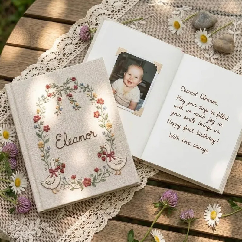 Personalized Cottagecore Baby Memory Book Themed Floral Duck Keepsake Design Linen Cover Custom Name Scrapbook