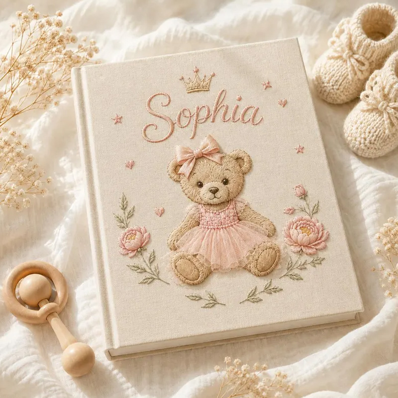 Personalized Princess Teddy Baby Memory Book Themed Crown Bear And Blossoms Design Neutral Linen Cover Custom Name Newborn Keepsake
