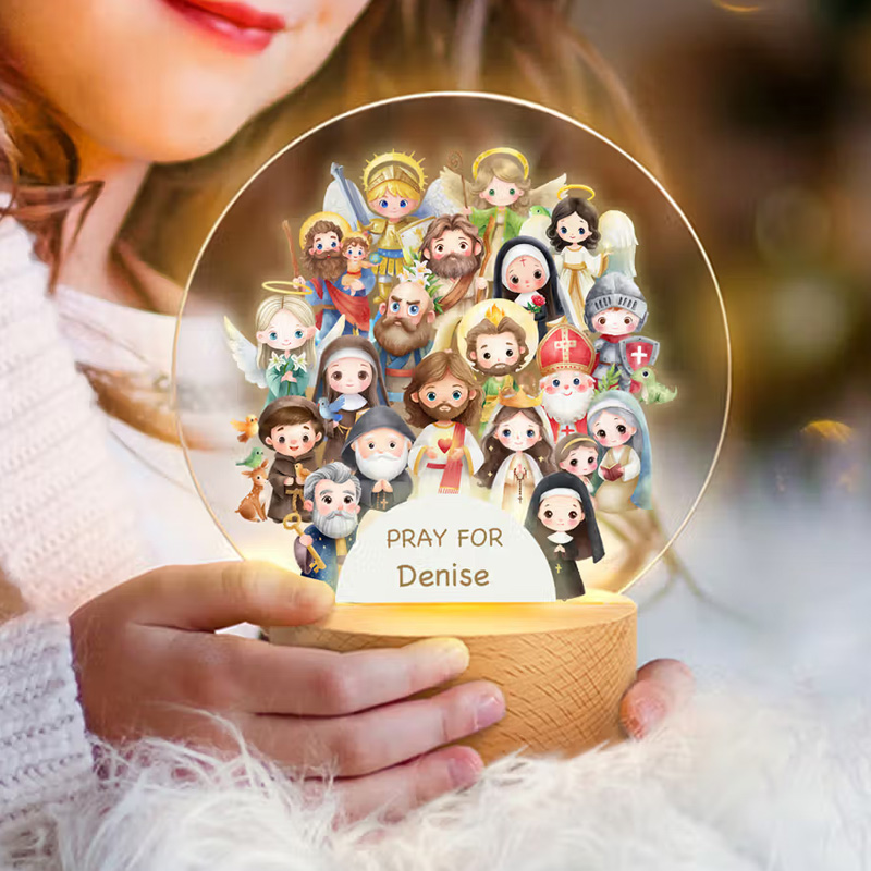 Personalized Watercolor Cartoon Holy Saints of Heaven LED Night Light with Name and Wooden Base Room Decor Birthday Gift for Newborns Catholics