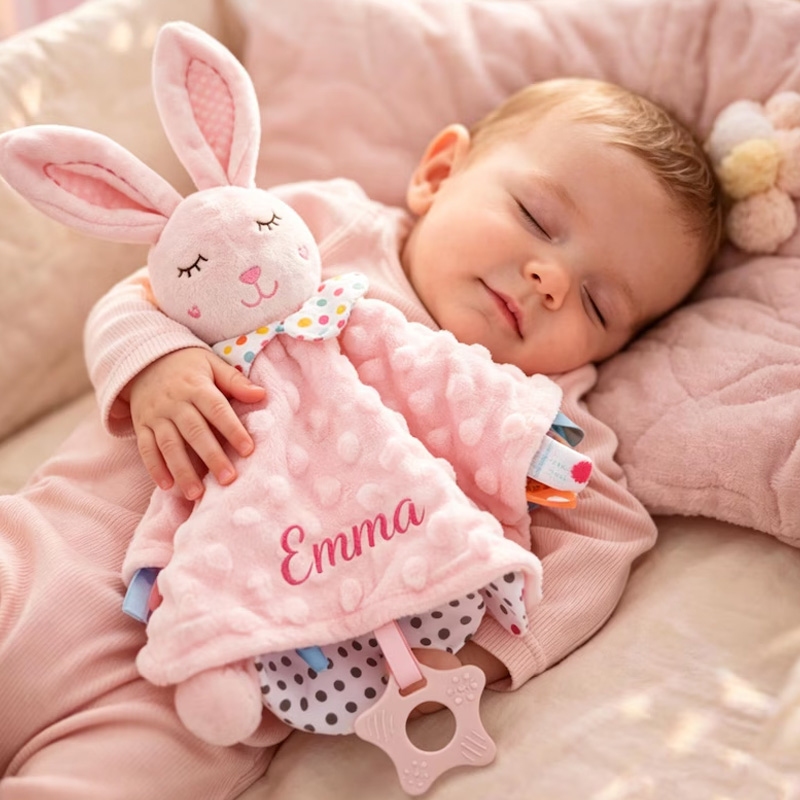 Personalized Embroidered Name Lovey Blanket Themed Cozy Sleep And Comfort Design Soft Pink Minky Dots Custom Name Baby Security Snuggle Toy Crinkle Sensory Security Toy