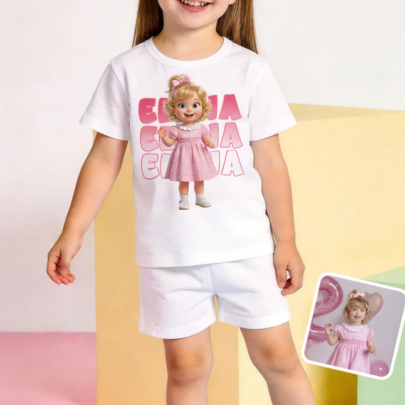 Personalized Cartoon Face Pajama Set, Custom Photo Name Print Girls Crew Neck Short Sleeve Top With Matching Shorts Funny Housewear Suit