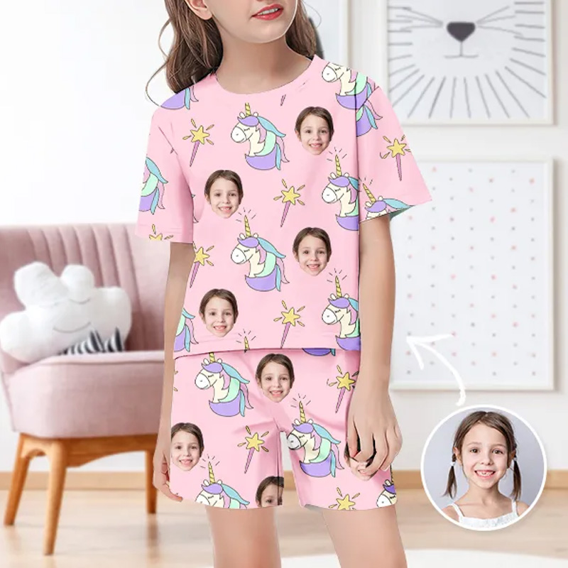 Personalized Face Rainbow Horse Pajamas Crew Neck Short Sleeve Short P