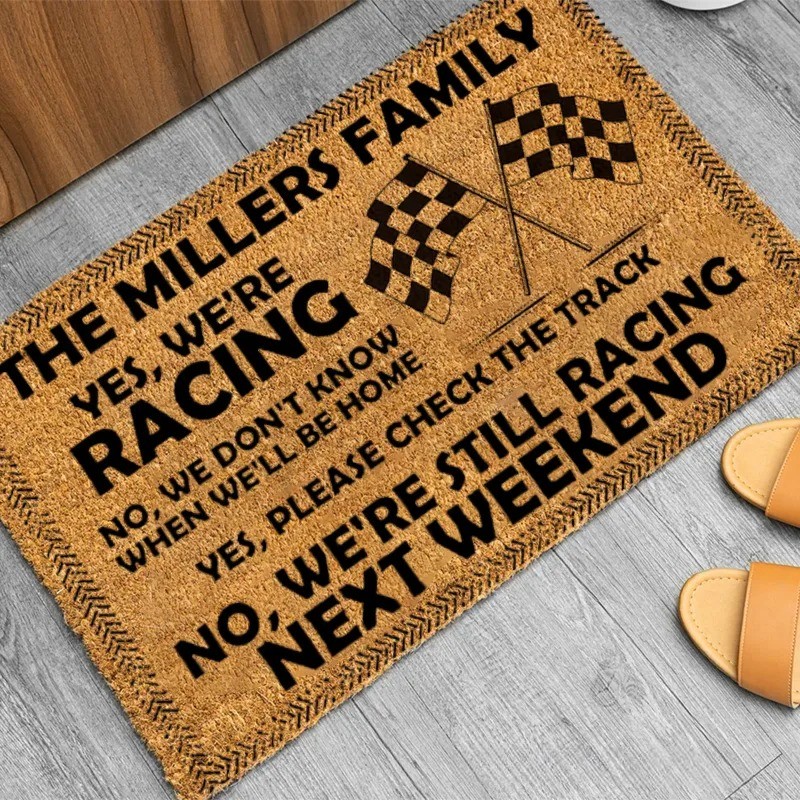 Personalized Doormat with We Are Racing Checkered Flag Design Thoughtful Gift for Racer and Racing Lovers