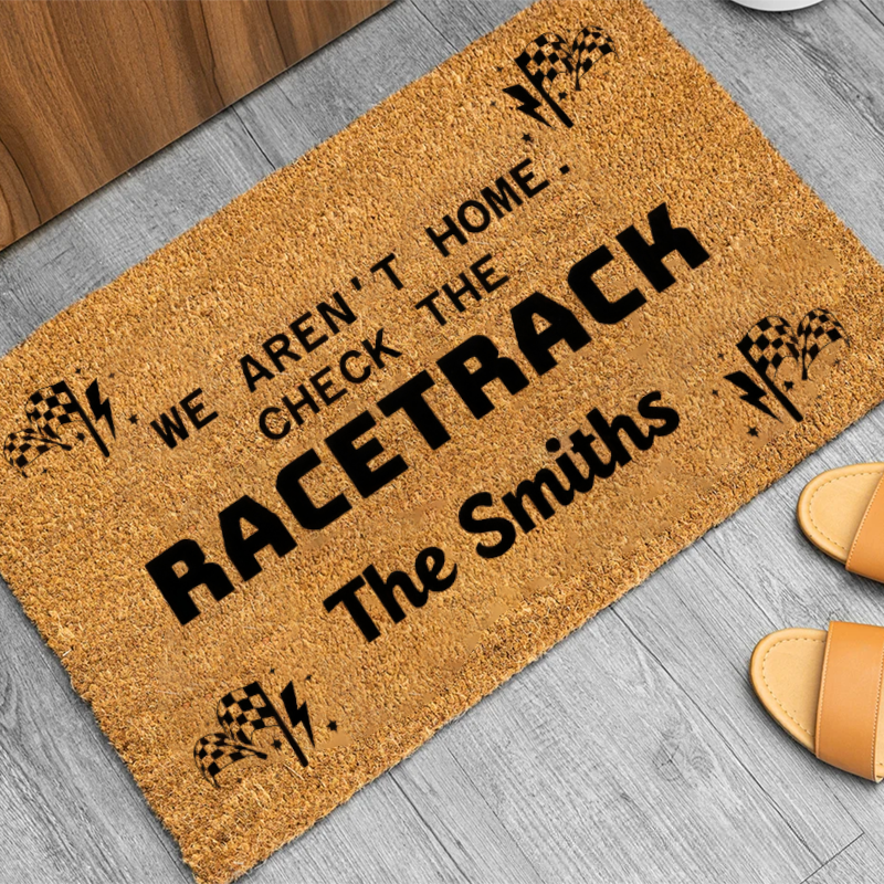 Personalized Doormat with We Aren't Home Check the Racetrack Checkered Flag Design Thoughtful Gift for Racer and Racing Lovers