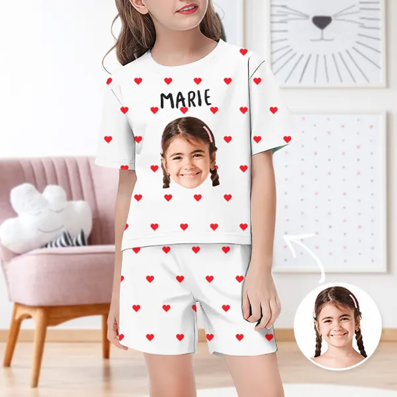 Personalized Face And Name Pajamas Crew Neck Short Sleeve Short Pants Red Heart House-wear Suit For Kids