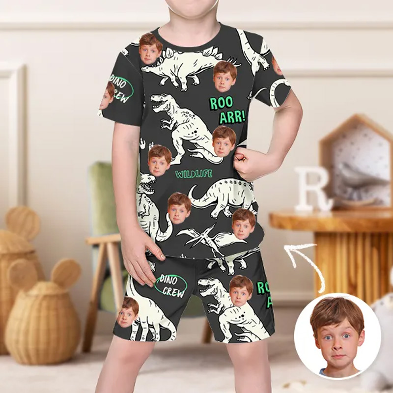 Personalized Dinosaur Photo Fruit Pajamas Crew Neck Short Sleeve Short
