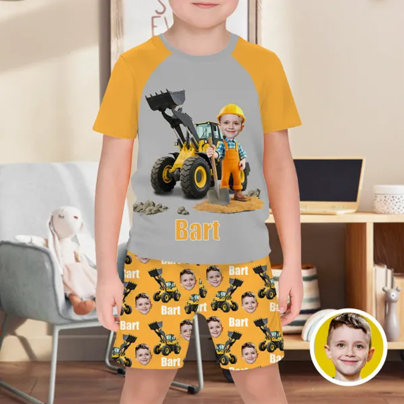 Personalized Photo Excavator Pajamas Crew Neck Short Sleeve Short Pant