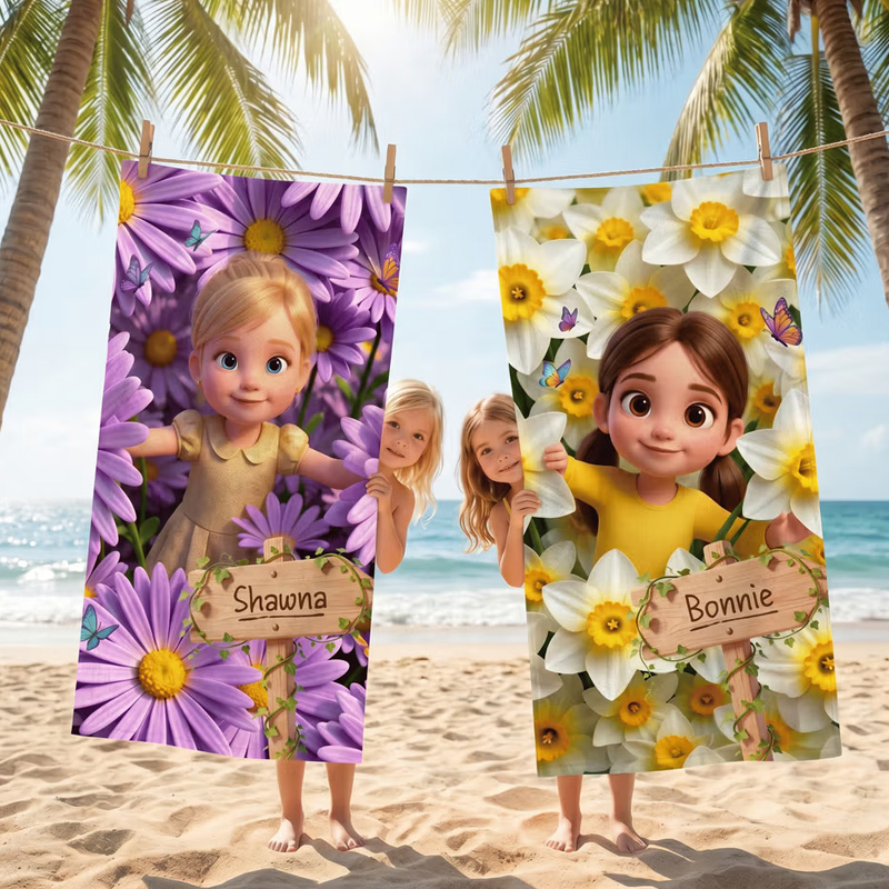 Personalized Birth Flower Cartoon Kid Photo Quick Dry Oversized Microf