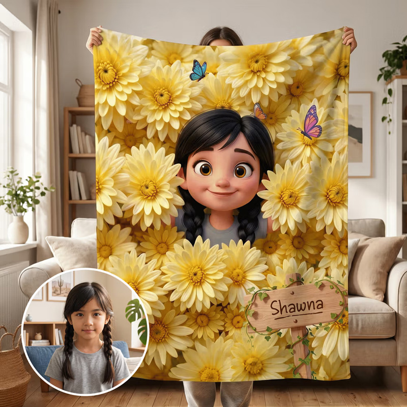 Personalized Birth Flower Cartoon Character Photo Soft Throw Blanket w