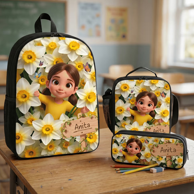 Personalized Birth Flower Photo Backpack Pencil Case Lunch Bag Set wit