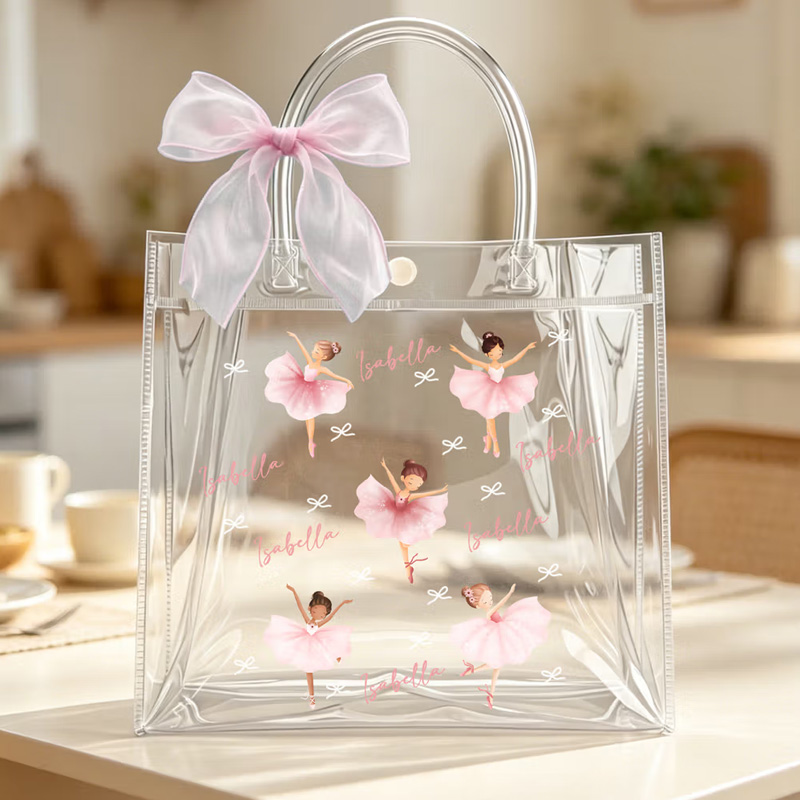 Personalized Ballerina Girl Bow Transparent Gift Bag with Name and Rib