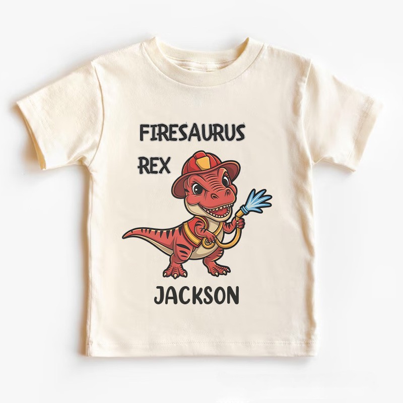 Personalized Dinosaur Firefighter Kids T-Shirt with Adorable Firesaurus Rex Graphic and Custom Name for Fun Adventures Kids T-Shirt