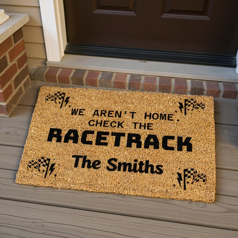 Personalized Doormat with We Aren't Home Check the Racetrack Checkered Flag Design Thoughtful Gift for Racer and Racing Lovers