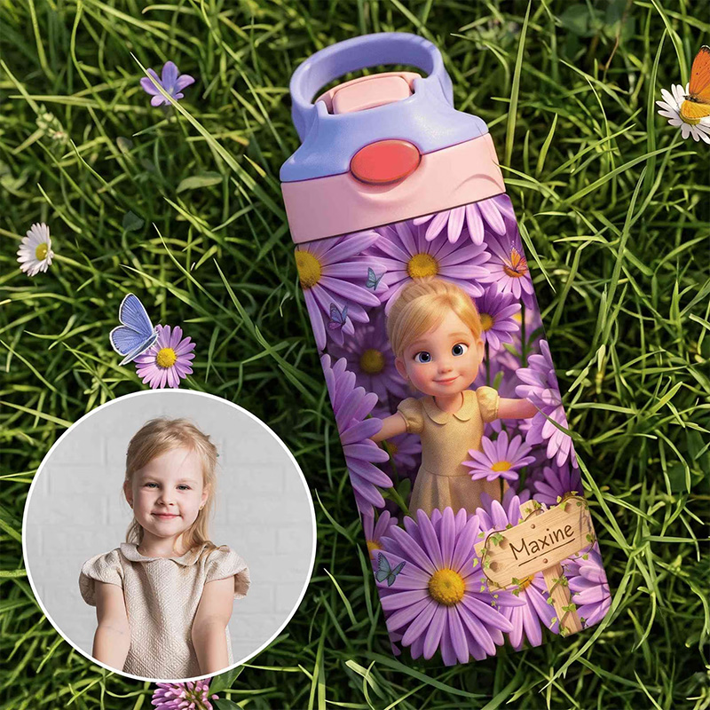 Personalized Birth Flower Water Bottle Themed Magical Garden Adventure