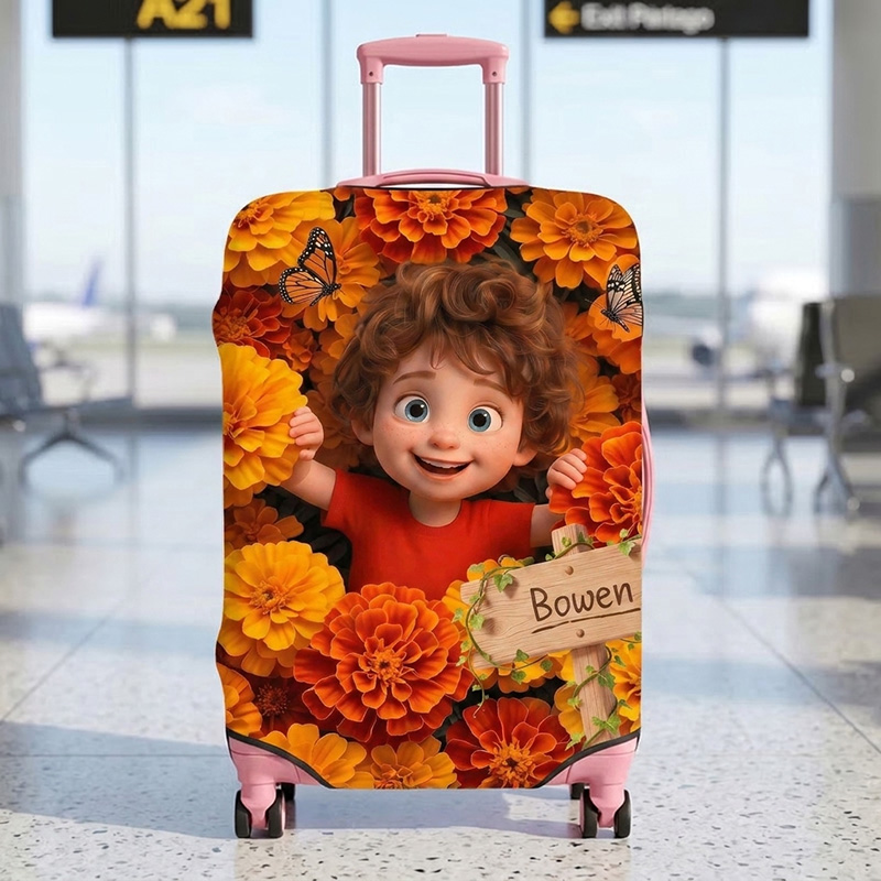 Personalized Birth Flower Luggage Cover Themed Blooming Garden Adventure Design Custom Kids Name and Photo Travel Suitcase Protector
