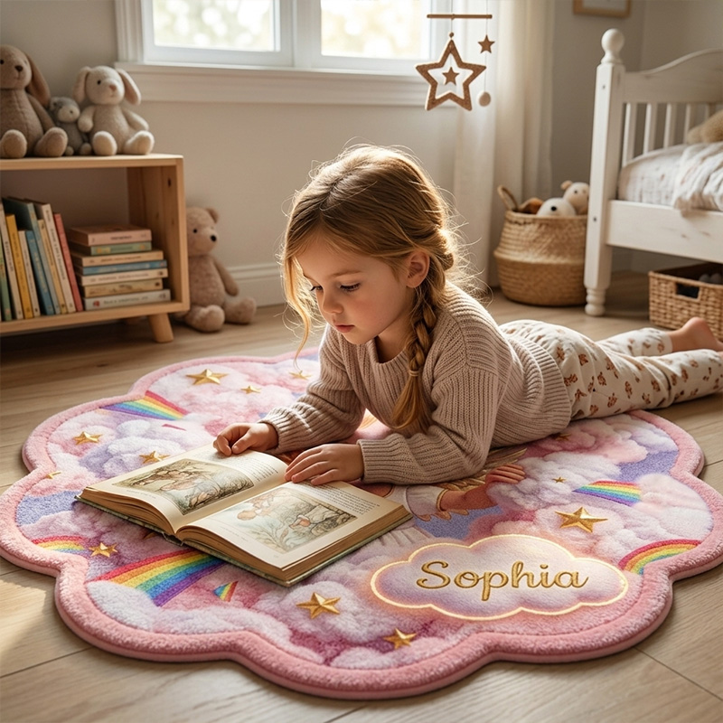 Personalized Angel Rainbow Kids Rug Themed Dreamy Cloud Fantasy Bedroom Decor Design Soft Custom Name Play Mat For Girls