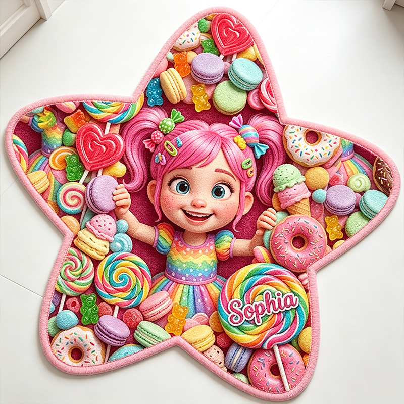 Personalized Candy Fairy Kids Rug Themed Sweet Treat Rainbow Fantasy Bedroom Decor Design Soft Custom Name Star Shaped Play Mat