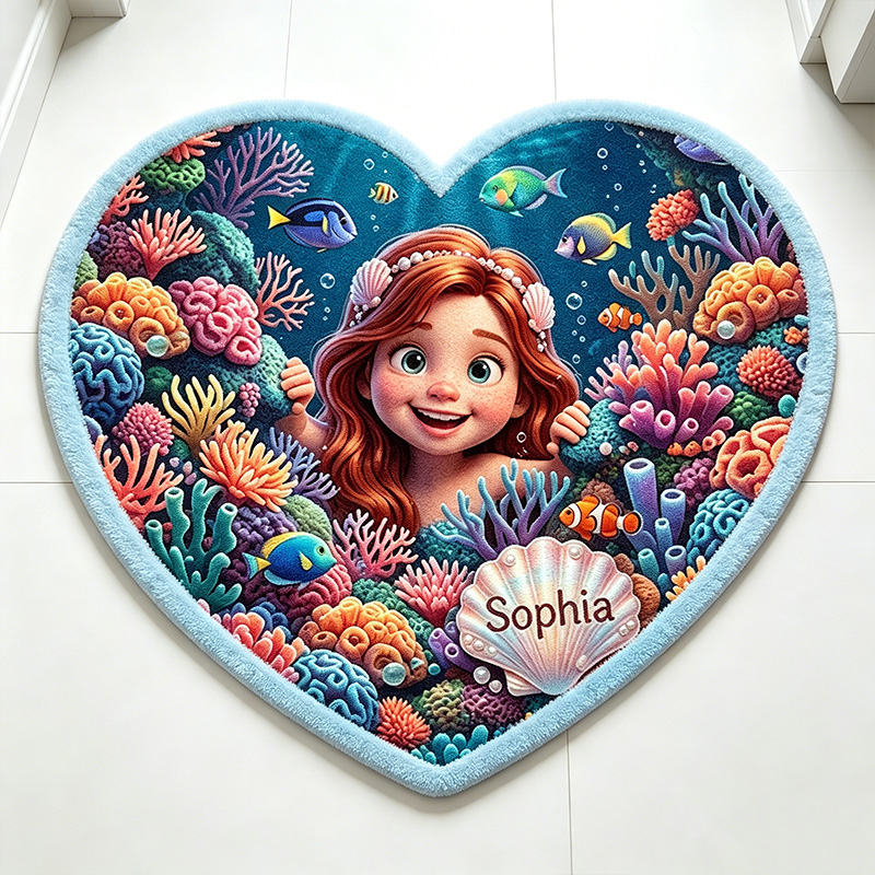 Personalized Ocean Mermaid Kids Rug Themed Underwater Coral Reef Adventure Bedroom Decor Design Soft Custom Name and Baby Photo Heart Shaped Play Mat
