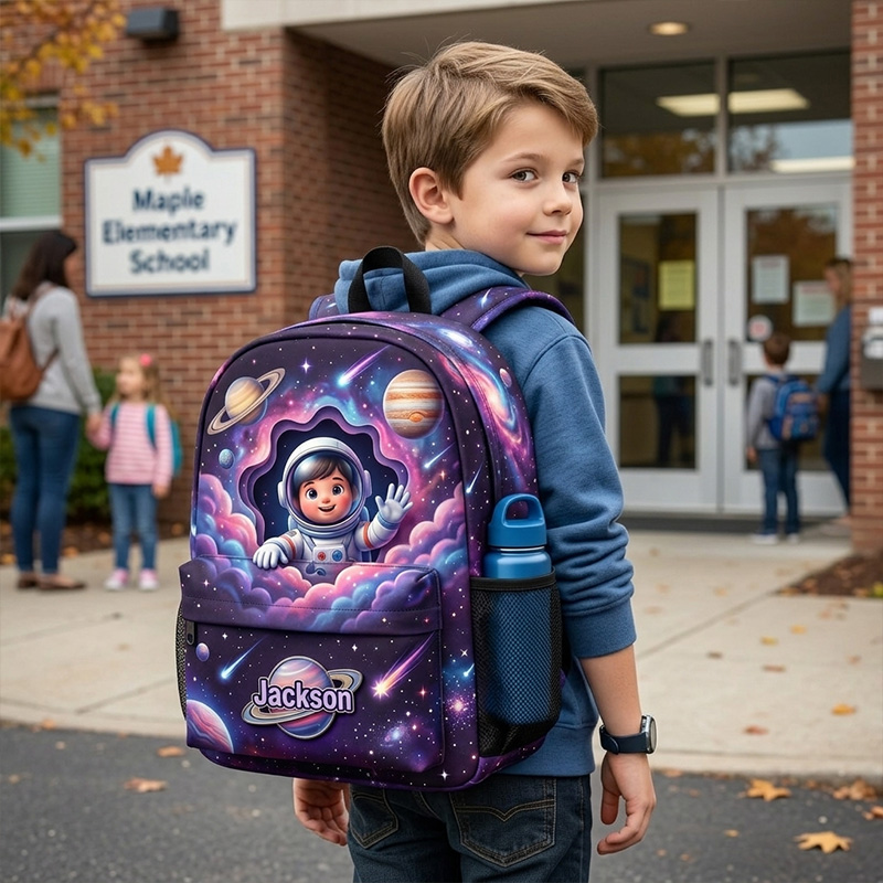Personalized Space Astronaut Kids Backpack Themed Galaxy Planet School Bag Design Custom Name and Kid Photo Cosmic Pattern Travel Daypack