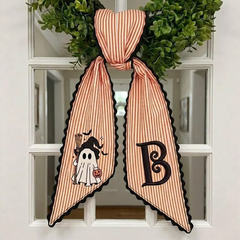 Personalized Embroidered Witch Ghost Halloween Wreath Sash Ghost Monogram Ribbon Themed Spooky Fall Decor Design Custom Initial For Door Halloween Wreath Sash