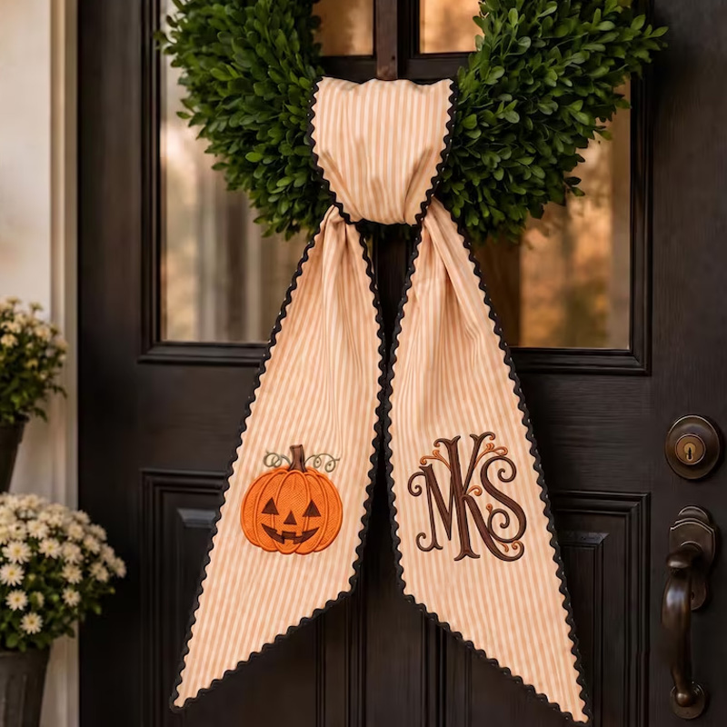 Personalized Embroidered Pumpkin Monogram Ribbon Themed Fall Harvest Decor Design Custom Initial For Door Halloween Wreath Sash
