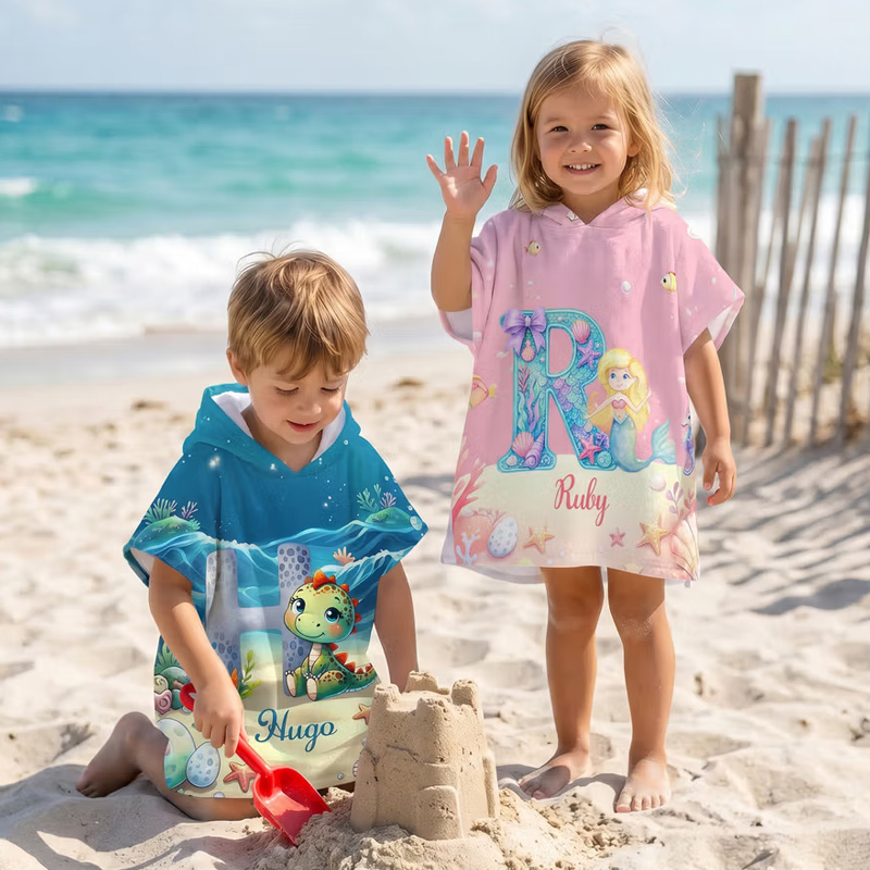 Personalized Dinosaur Mermaid Soft Kids Hooded Beach Towel with Name a