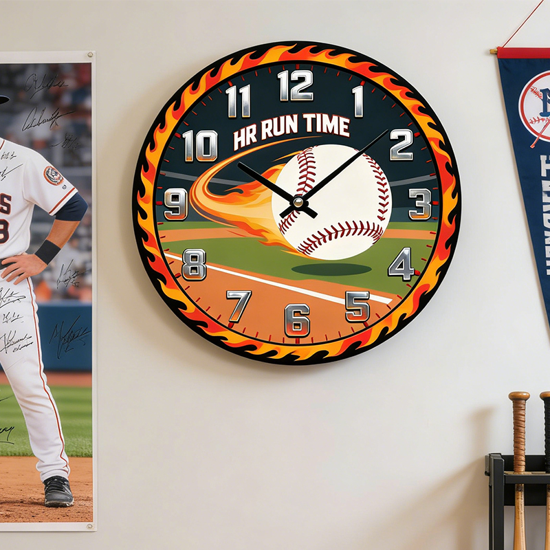 Personalized Home Run Time Clock with Fiery Baseball Design for Baseball Enthusiasts