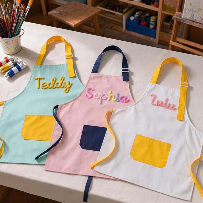 Personalized Kids Themed Color Block Design Adjustable Cooking Baking Art Craft Apron With Name